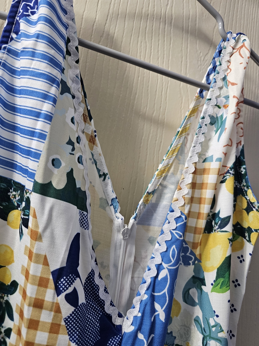 Vibrant Lemon & Blue Patchwork V-Neck Summer Dress Size L
